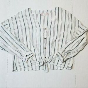 Pink Rose Tie Front Button up Blouse White Blue Striped